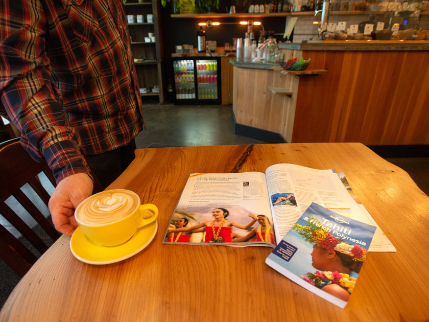 Latte with South Pacific brochures