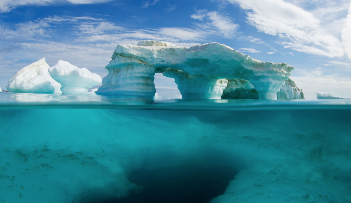An iceberg above and below water